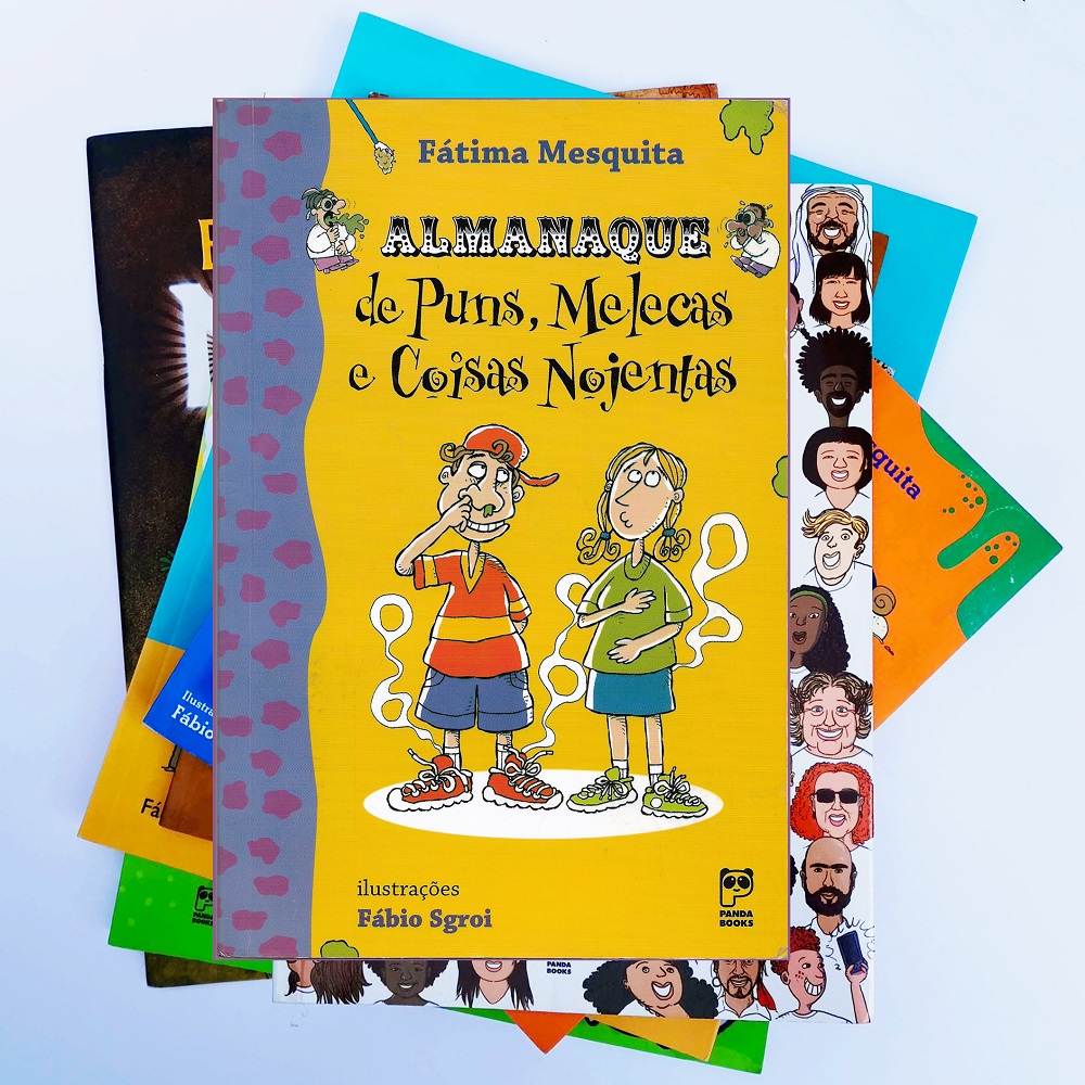 Conjuntos de livros com o livro superior com a capa escrito Almanaque de puns, mececas e coisas nojentas